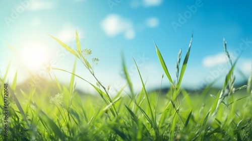 summer background with fresh gras and sun  blue sky  16 9  high quality  copy space