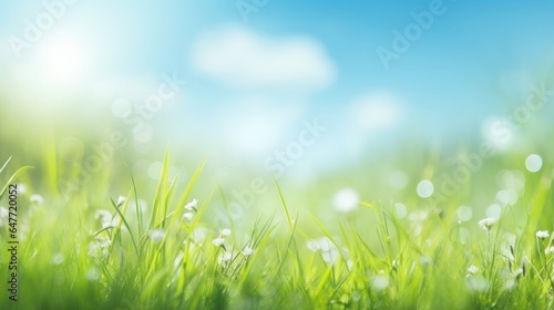 summer background with fresh gras and sun, blue sky, 16:9, high quality, copy space