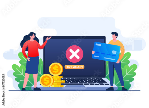  Payment error info message on laptop screen flat illustration vector template, Cashless NFC payment failed, Online transaction canceled, Online payment payment gateway app