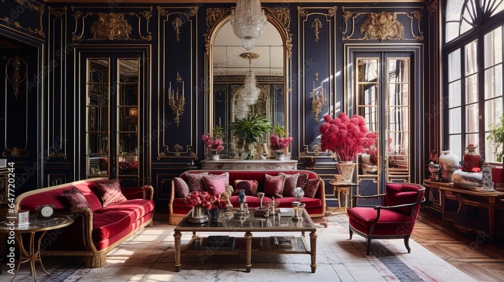  opulent, antiques - filled apartment redefines parisian style in bold, rich colors, 16:9, high quality  - obrazy, fototapety, plakaty 