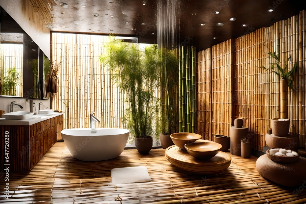 A spa oasis bathroom with a rain shower and bamboo decor. - obrazy, fototapety, plakaty 