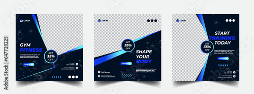 Gym, fitness, and sports social media post template design set. Usable for social media, banner, and website.

