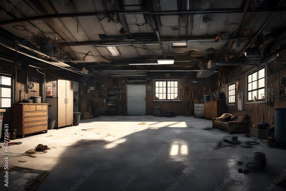 an artistic shot of Empty garage interior , in American house
