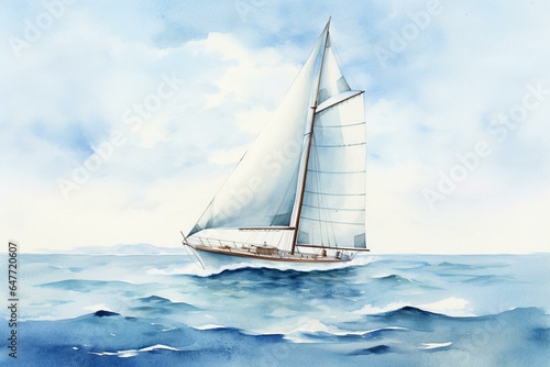 Hand-drawn sailboat painted with watercolors sailing on a serene blue sea. Generative AI © Greer