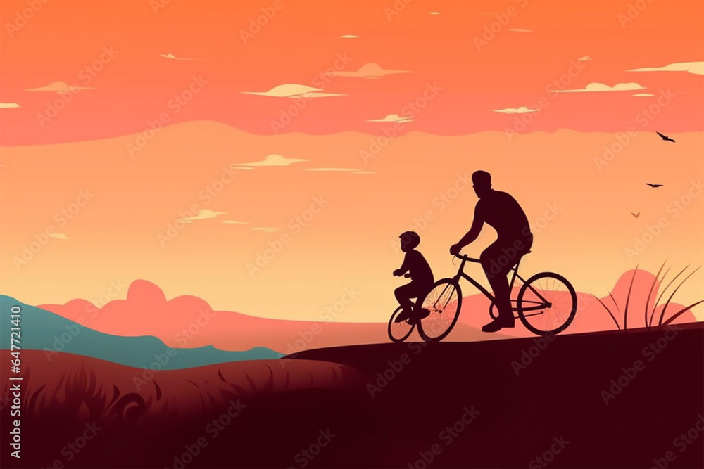 cartoon style of father and son cycling