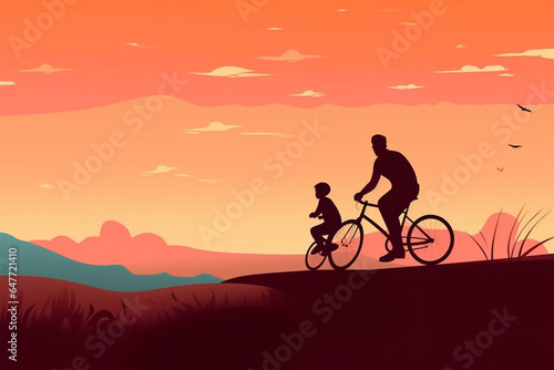cartoon style of father and son cycling
