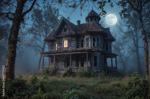 Spooky Forest Abode: A chilling haunted house nestled in the woods, surrounded by eerie trees and a desolate church, evoking an old-world aura amidst nature's embrace © fourtakig