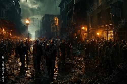 A dystopian apocalypse fantasy scene featuring a horde of menacing zombies slowly walking towards an uncertain target.Generated with AI photo