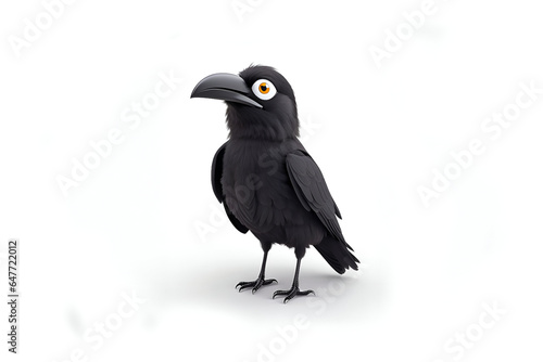 3D animation character style crow standing on an isolated empty white background - Generative AI