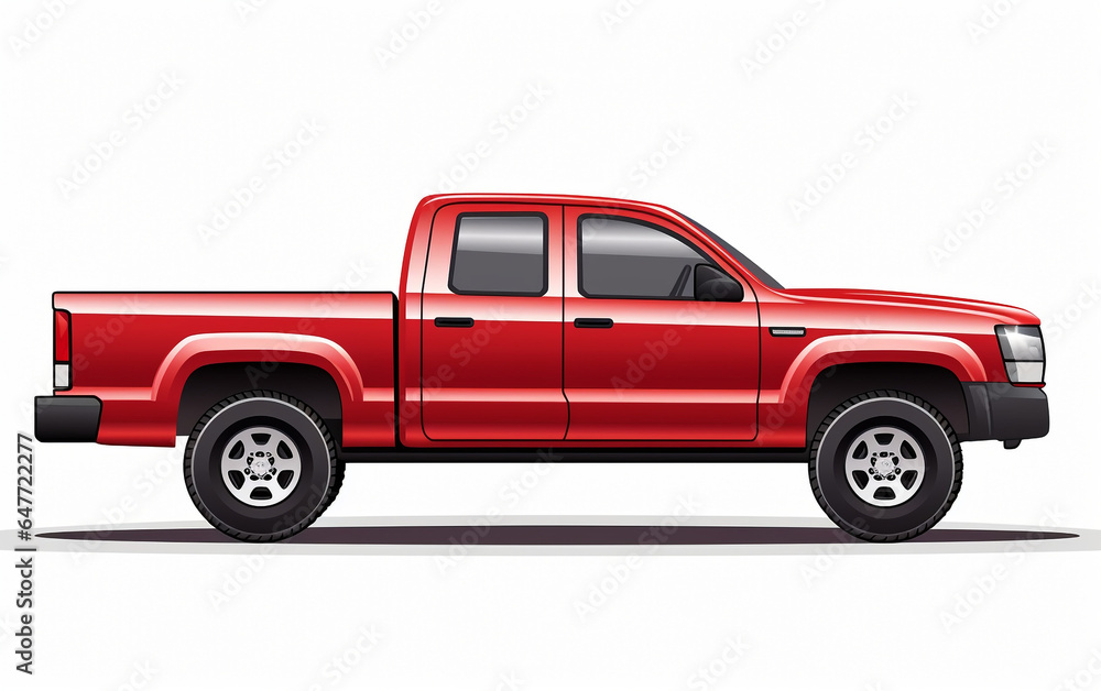 Pickup Truck Isolated (side view), 3D rendering. Red truck isolated on white