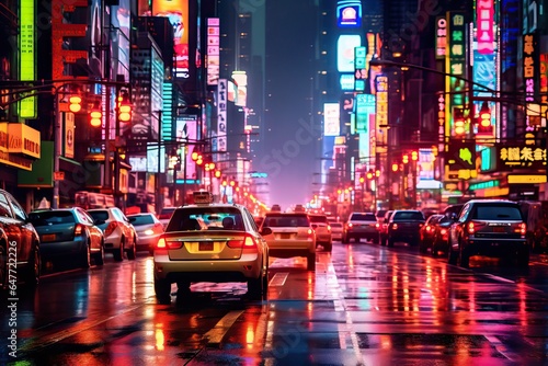 Bustling city street at night, illuminated by vibrant neon lights and adorned with towering skyscrapers photo