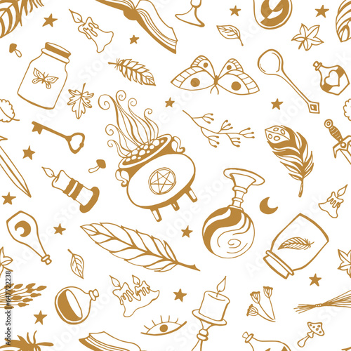 Seamless pattern with hand drawn magic tools, concept of witchcraft. Witchcraft, magic background for witches and wizards.