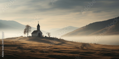 Wide angle view of church in remote hills. Religion concept.