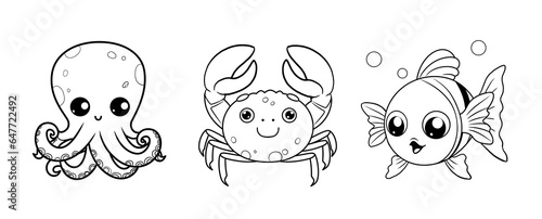 Cute funny octopus, crab and clownfish for coloring. Template for a coloring book with funny animals. Colouring page for kids created with generative AI.	.	