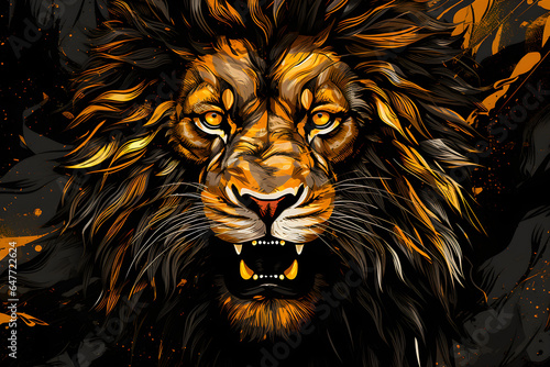 Colorful poster with lion portrait isolated on black background