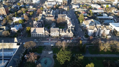 Christchurch, New Zealand: Aerial drone footage of The Arts Centre building in the former Canterbury college with its neo gothic style in Christchurch city historic center.  photo