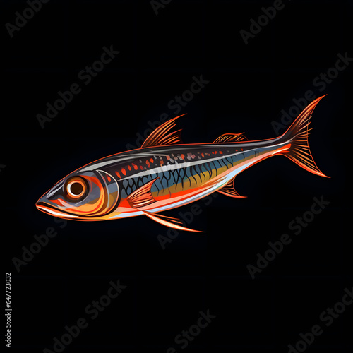 Colorful poster with fish in vector design style isolated on black background © Oksana