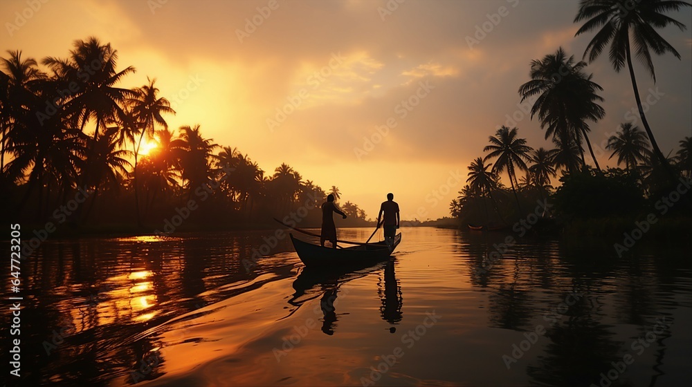  kerala fishman  sailing in backwaters, evening, sunset 