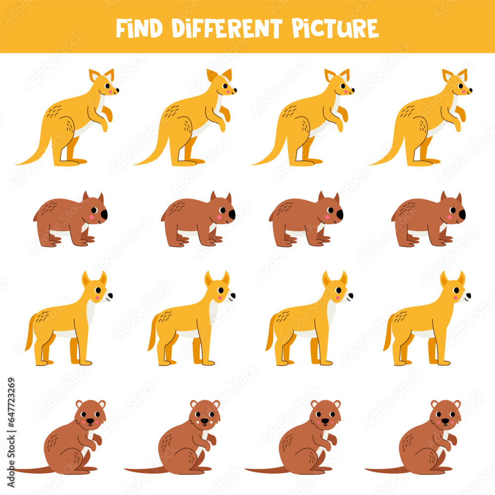 Fototapeta premium Find Australian animal which is different from others. Worksheet for kids.