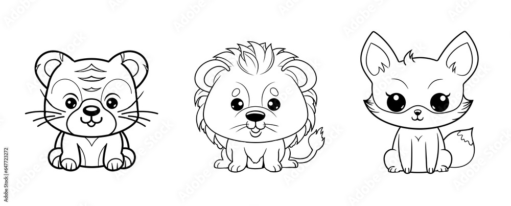 Cute funny tiger, lion and fox for coloring. Template for a coloring book with funny animals. Colouring page for kids created with generative AI.