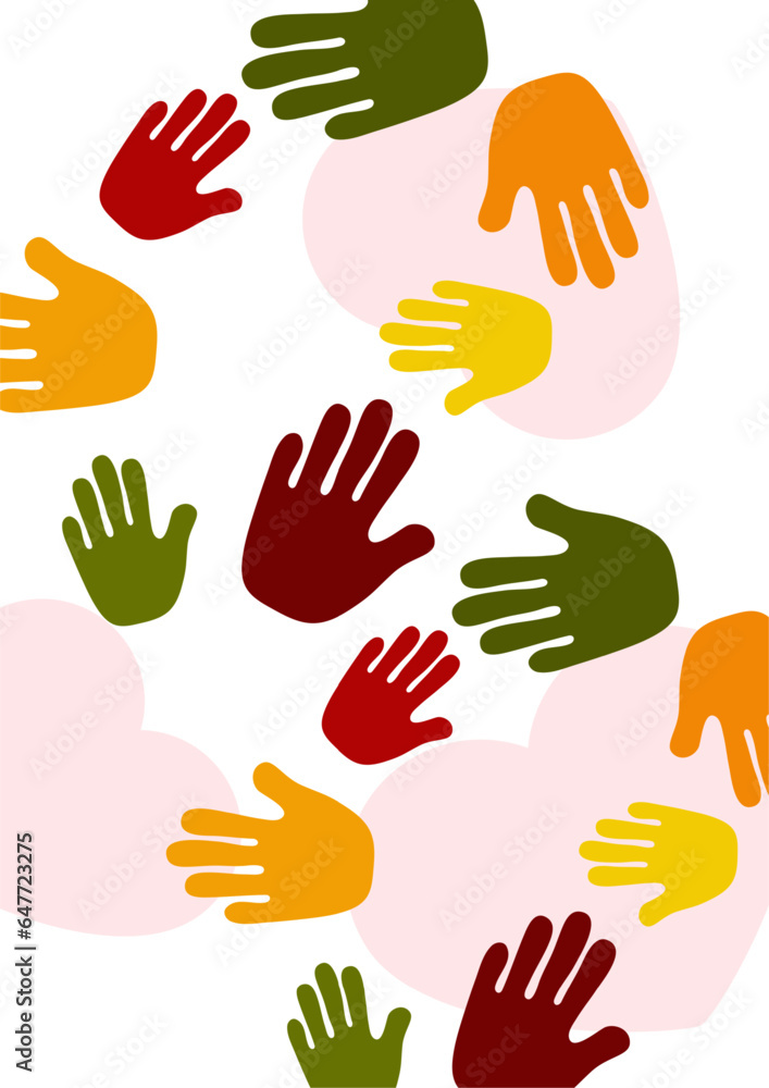 Abstract background with different palms. The concept of friendship, mutual assistance, together. Vector