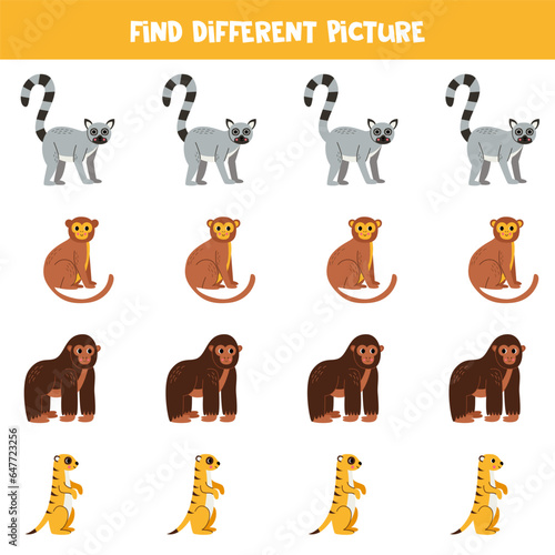 Fototapeta Naklejka Na Ścianę i Meble -  Find different African animal in each row. Logical game for preschool kids.