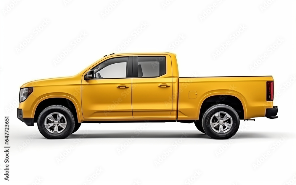 Pickup Truck Isolated (side view). 3D rendering. old yellow car isolated on white.