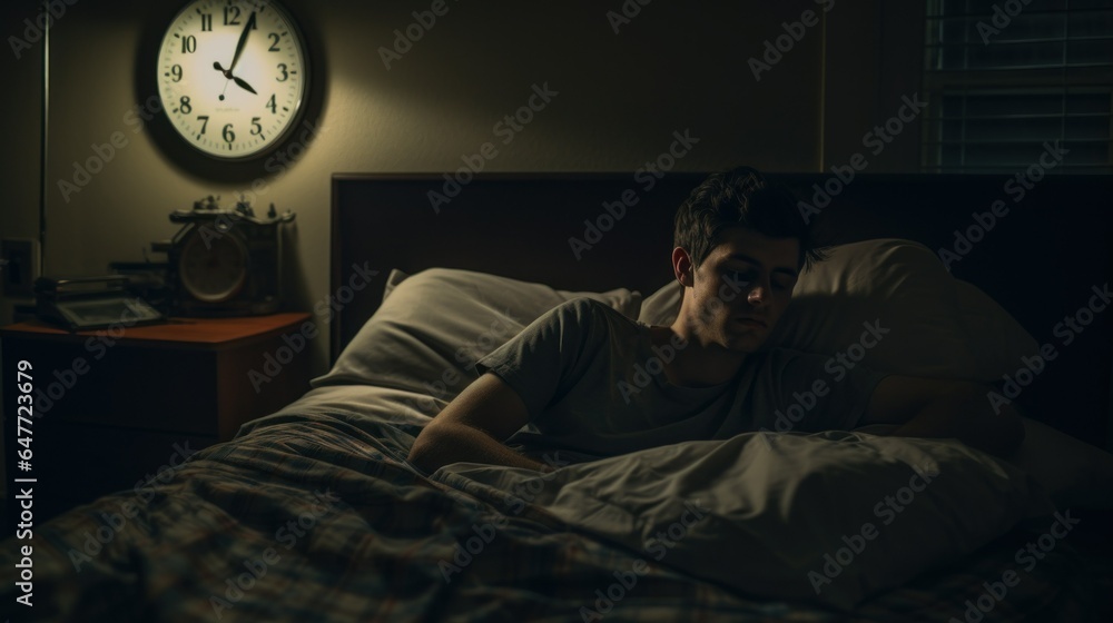 Cognitive behavioral therapy for insomnia. Depressed young man in bed cant sleep from insomnia. Sleepless man lying in bed at home Cognitive behavioral therapy for insomnia. Depressed young man in bed cant sleep from insomnia. Sleepless man lying in bed at home