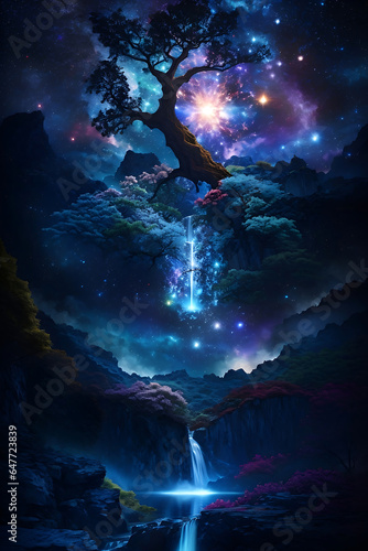 The Tree of Life in the Sun moon ocean, and galaxy universe is a dramatic fantasy waterfall.
