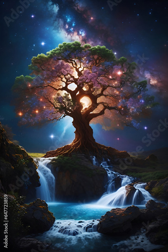 The Tree of Life in the Sun moon ocean  and galaxy universe is a dramatic fantasy waterfall.