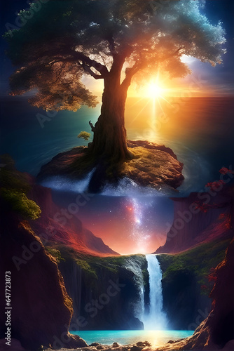 The Tree of Life in the Sun moon ocean, and galaxy universe is a dramatic fantasy waterfall.