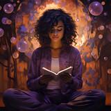 on a purple background a spiritual woman reading a magazine, dots of light around her model 1