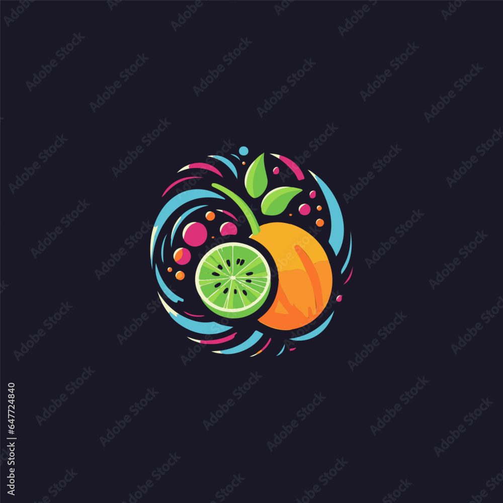 Bright colorful delicious fruit slice icon. Healthy natural organic food symbol. Abstract versatile graphic logo, creative flat design for cafe, restaurant, or juice and food brand. Vector logo