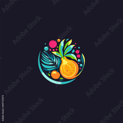 Bright colorful delicious fruit slice icon. Healthy natural organic food symbol. Abstract versatile graphic logo, creative flat design for cafe, restaurant, or juice and food brand. Vector logo