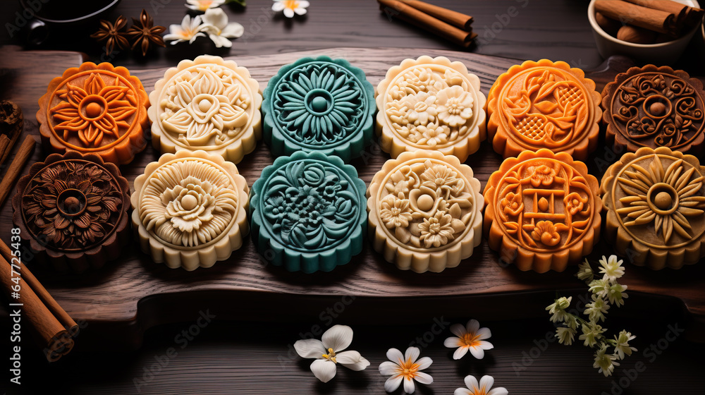 Mid Autumn mooncakes on a dark background,created with generative ai tecnology. Mid Autumn mooncakes on a dark background,created with generative ai tecnology.