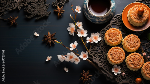 Mid Autumn mooncakes on a dark background,created with generative ai tecnology.