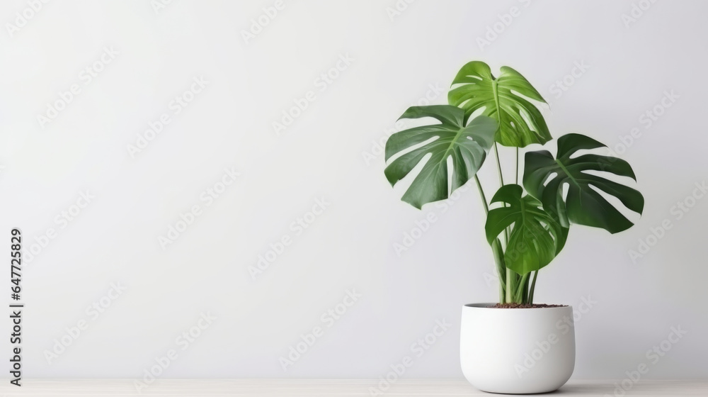 clean image of a large leaf house plant Monstera deliciosa in a gray pot on a white background - obrazy, fototapety, plakaty 