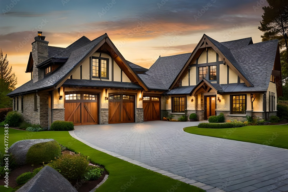 Tudor style family house exterior with gable roof and timber framing.  - obrazy, fototapety, plakaty 