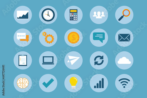 Flat web icons, Business, management, finances and technology icon set. Flat vector illustration