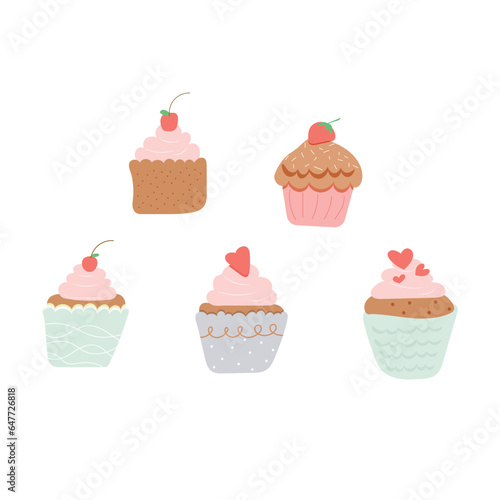 Five cupcake set. Birthday party set simple style vector illustration