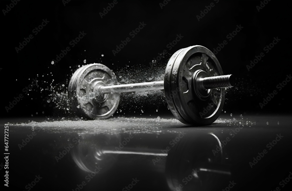 Barbell and Dumbbells in Talcum Powder on Black Background. Generative ai