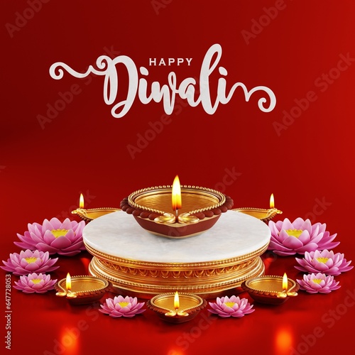3D rendering for diwali festival Diwali, Deepavali or Dipavali the festival of lights india with gold diya patterned on color Background.