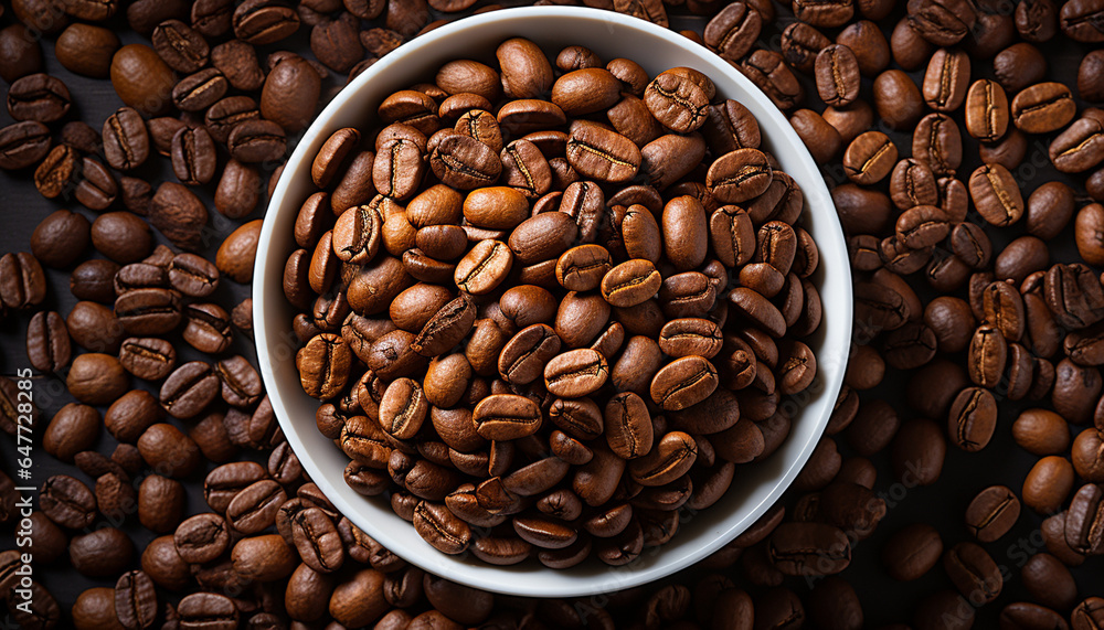 Fototapeta premium Freshly roasted coffee beans on wooden table top view close up