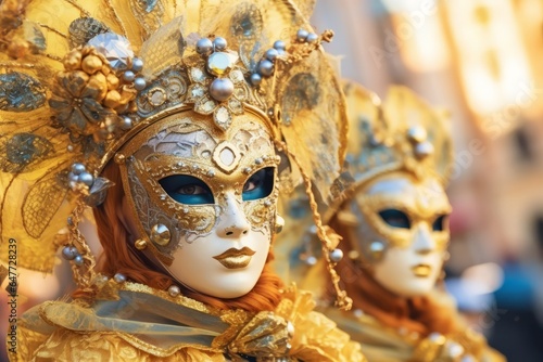 Close-up photo of two people wearing colourful venetian masks in Venice, Italy with Generative AI technology