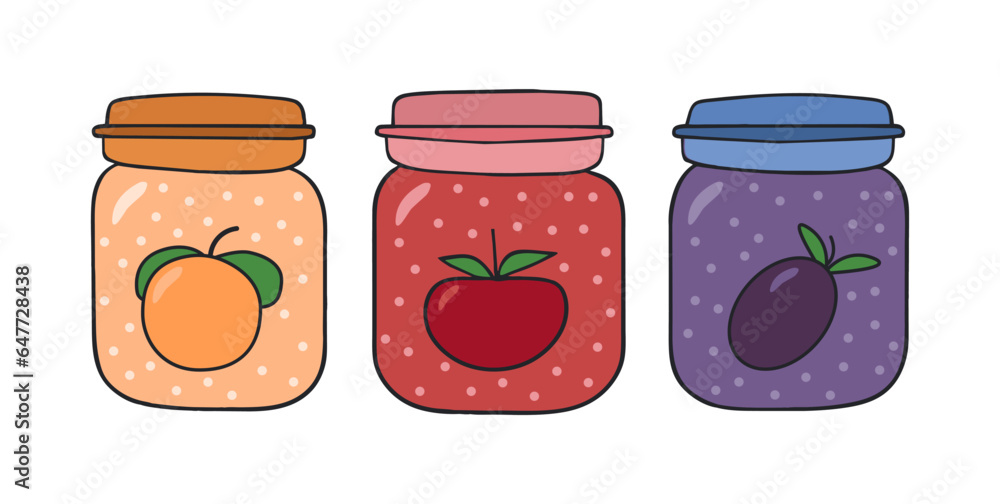 Set of 3 glass jars with fruit jam, confiture, marmalade. Apricot, apple, plum jam. Vector isolated on white. Fruit drink, compote. Home canning. Healthy vegan dessert. Vitamins. Eco organic fruits Set of 3 glass jars with fruit jam, confiture, marmalade. Apricot, apple, plum jam. Vector isolated on white. Fruit drink, compote. Home canning. Healthy vegan dessert. Vitamins. Eco organic fruits