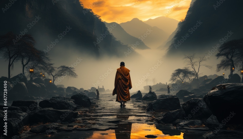 back view of monk walking in a mountain with amid mist - obrazy, fototapety, plakaty 