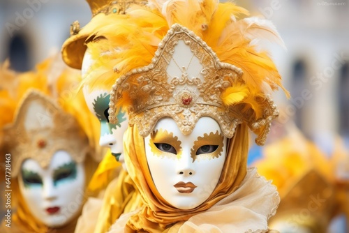 Close-up photo of a two people wearing colourful venetian masks in Venice, Italy - Created with Generative AI technology © AI Visual Vault