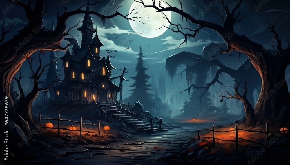 a haunted house with big trees halloween background