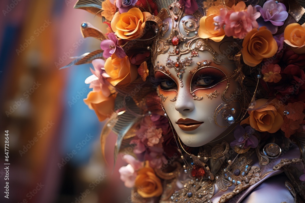 Close-up photo of a person wearing a colourful venetian mask in Venice, Italy - Created with Generative AI technology