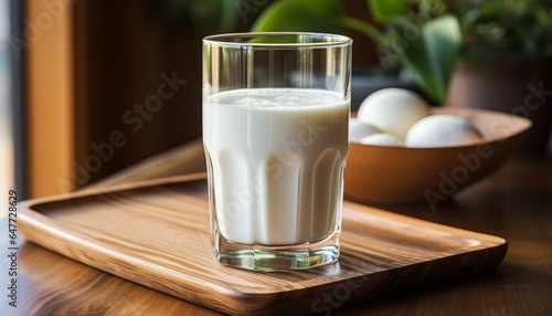 a glass filled with milk on wooden plate